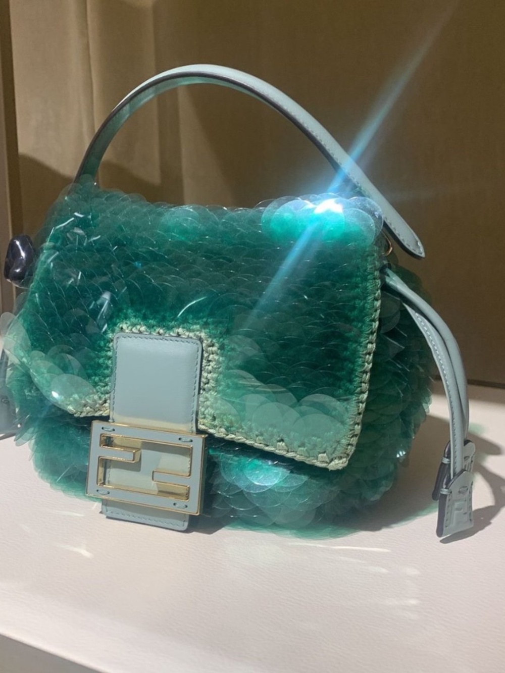 **ISO**** Fendi Mamma Baguette Mint green crochet bag with maxi sequins
